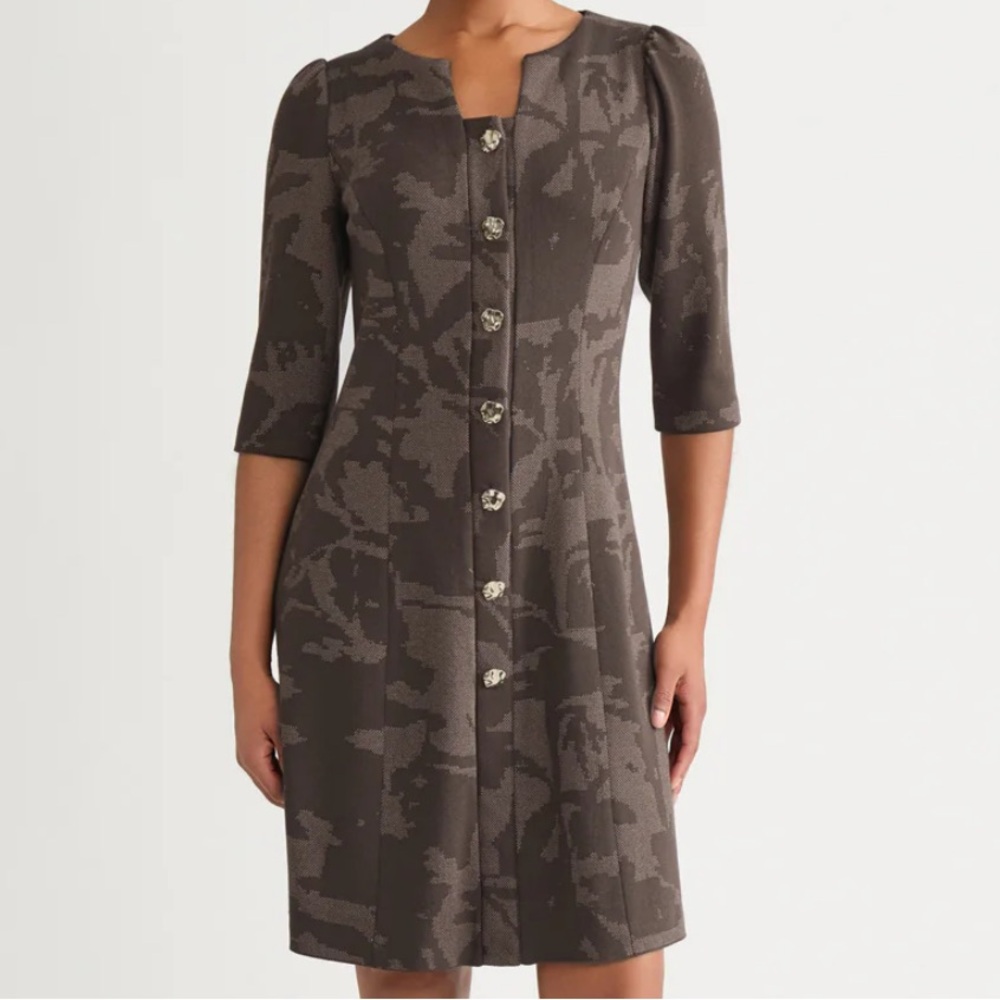 Nwot Ming Wang A-Line Floral Jacquard Knit Dress Brown Tan Size Medium Petite